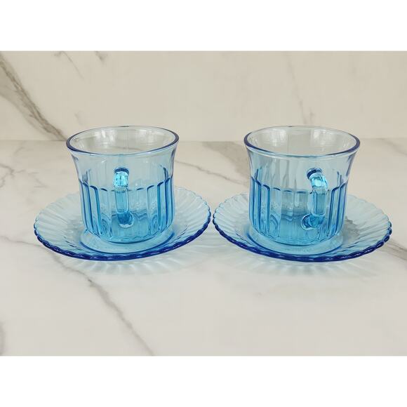 Fortecrisa Azure Ice Blue Glass Tea Cup Saucer 70's Interior Ribbed 3" Mexico x4 - Picture 4 of 13